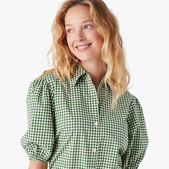 NWT kate spade mini gingham button-front shirt, Green & White - Picture 2 of 15